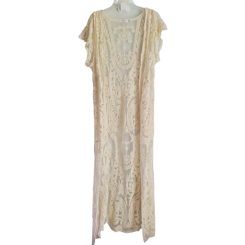 Henrigirl Kimono‎ Long Women M Ivory Sheer Lace Embroidered Boho Duster Fairy